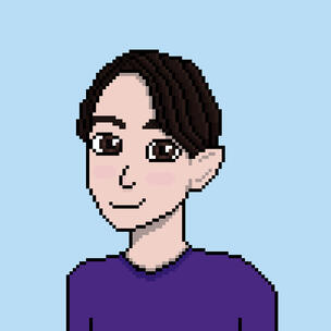 A pixel art portrait of a light skinned elf with a pixie cut of brown hair and brown eyes, wearing a dark purple shirt.